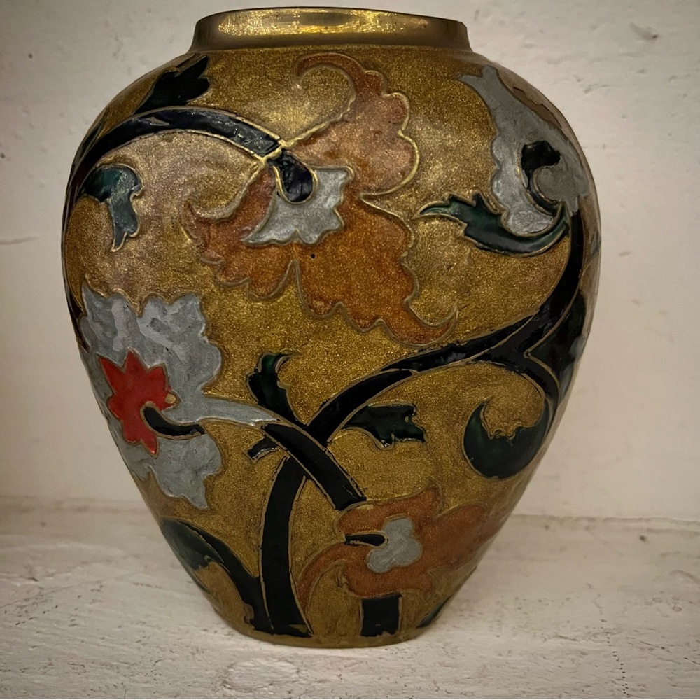 Gorgeous Floral Vase Heavy Enameled Brass Floral Chinese Style